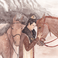 Jingyan leaning against a horse in the snow